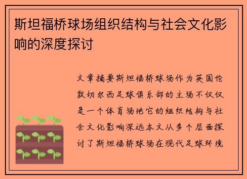 斯坦福桥球场组织结构与社会文化影响的深度探讨